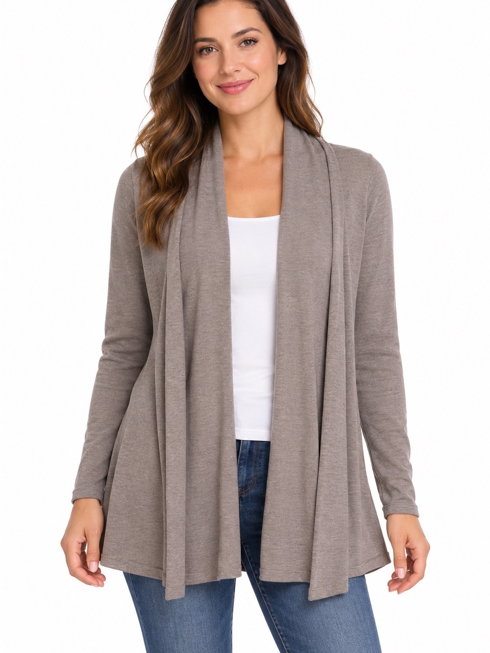 Soft Open-Front Taupe Cardigan Sweater - 1111